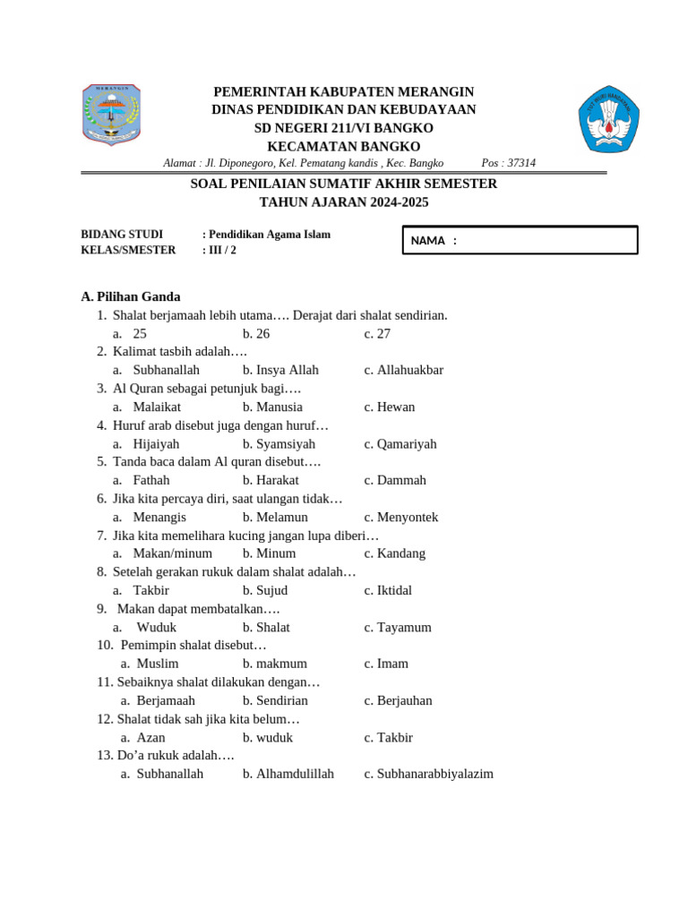 Soal Penilaian Agama Islam Kelas 3 PDF