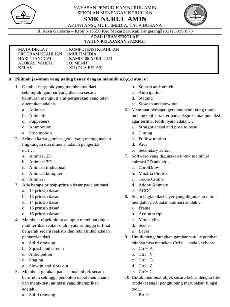 Soal Ujian Sekolah SMK Multimedia 2023 PDF