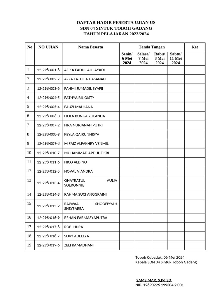 Daftar Hadir Peserta Ujian Us PDF
