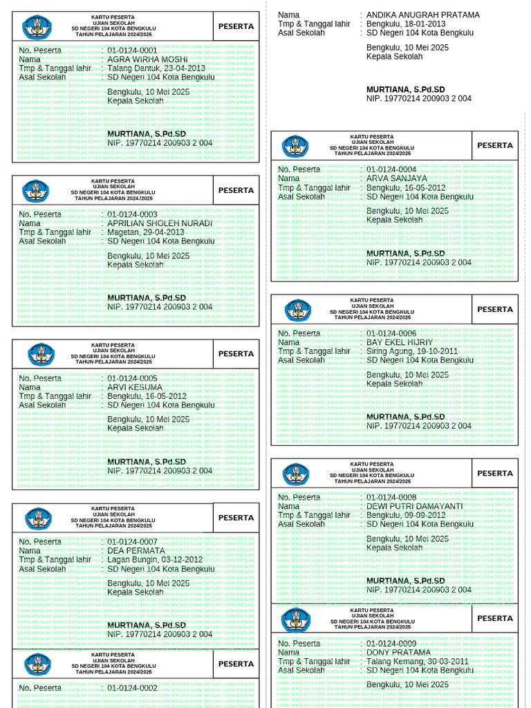 Kartu Peserta Ujian Sekolah 2025 PDF