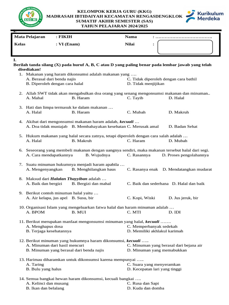 Naskah Soal Sas Fikih Kelas 6 2024-2025 PDF