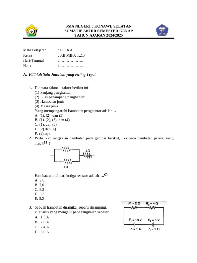 Soal Ujian Fisika Kelas XII MIPA 2024 PDF