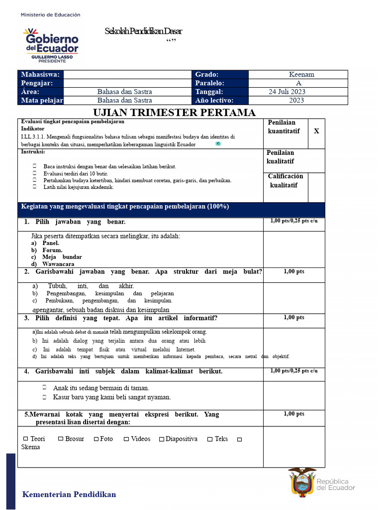 Ujian Evaluasi Pembelajaran Sekolah Dasar PDF