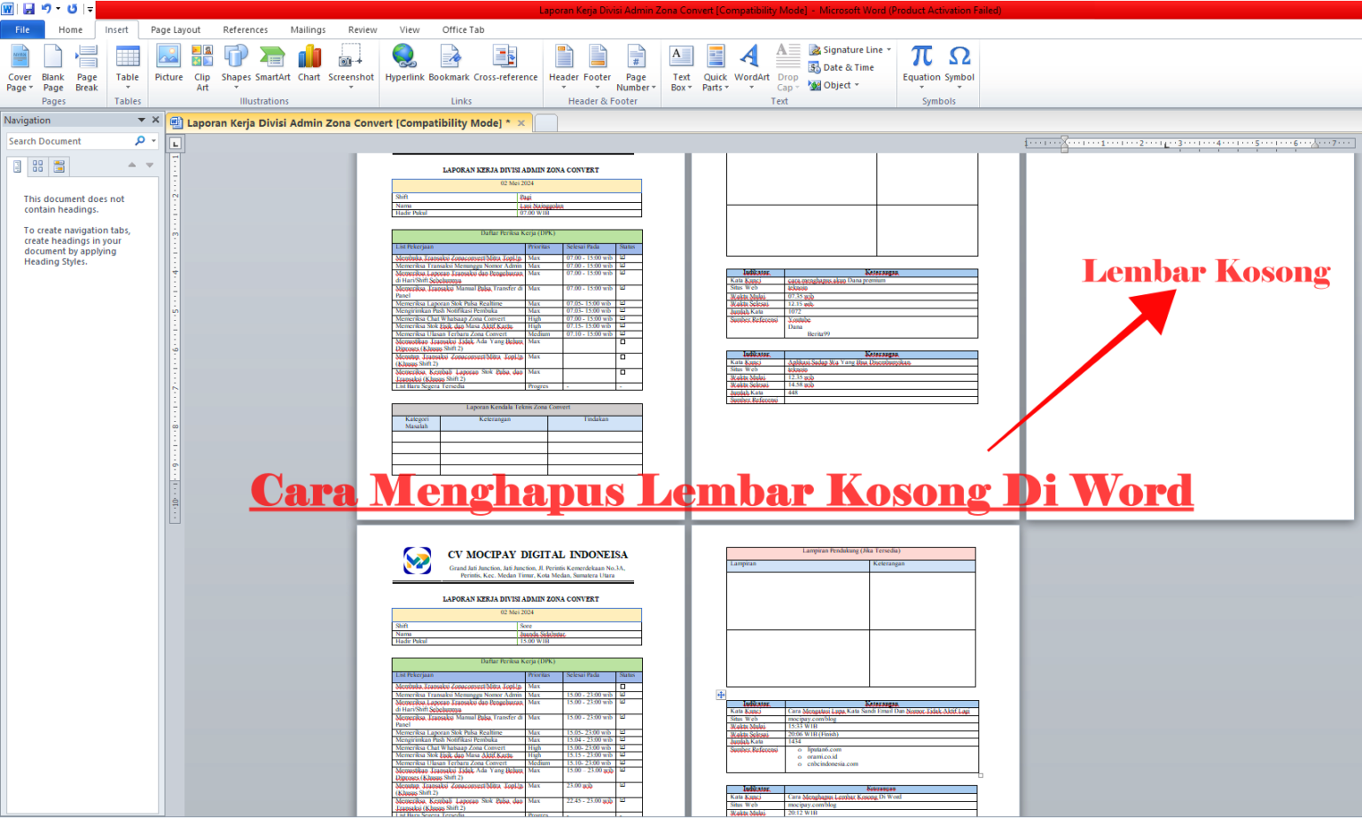 cara menghapus lembar kerja di word