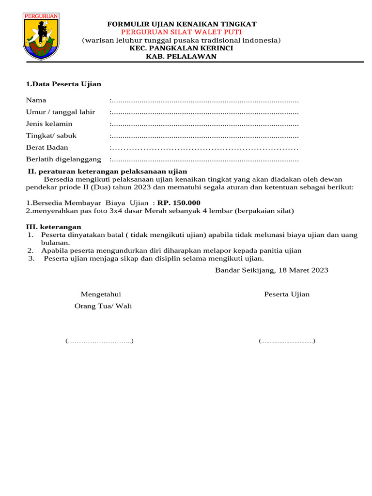 Formulir Ujian Kenaikan Tingkat Silat PDF