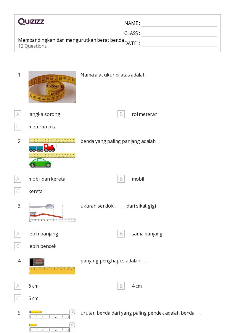 50 Lembar Kerja Membandingkan Panjang Untuk Kelas 1 Di Quizizz - Free