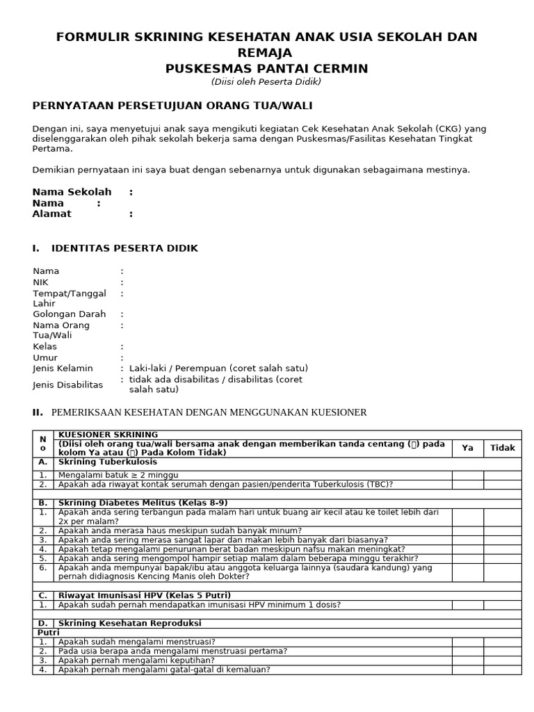Formulir Skrining Kesehatan Anak Sekolah PDF