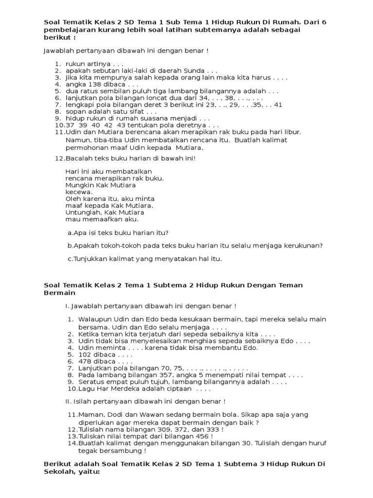 Soal Tematik Kelas 2 SD Tema 1 Sub Tema PDF