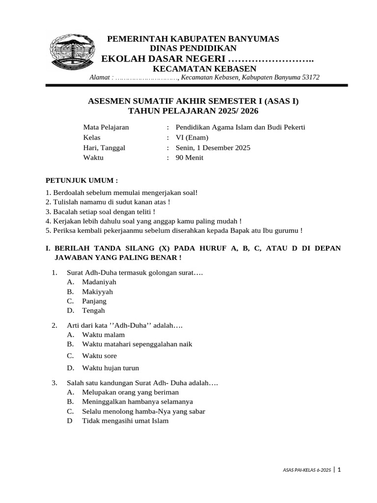 Asesmen Akhir PAI Kelas 6 Banyumas PDF Asesmen Akhir PAI Kelas 6 Banyumas PDF