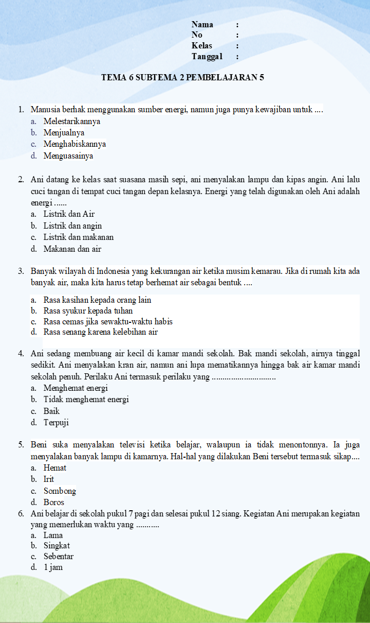 contoh soal latihan tematik kelas 3 tema 6 subtema 2