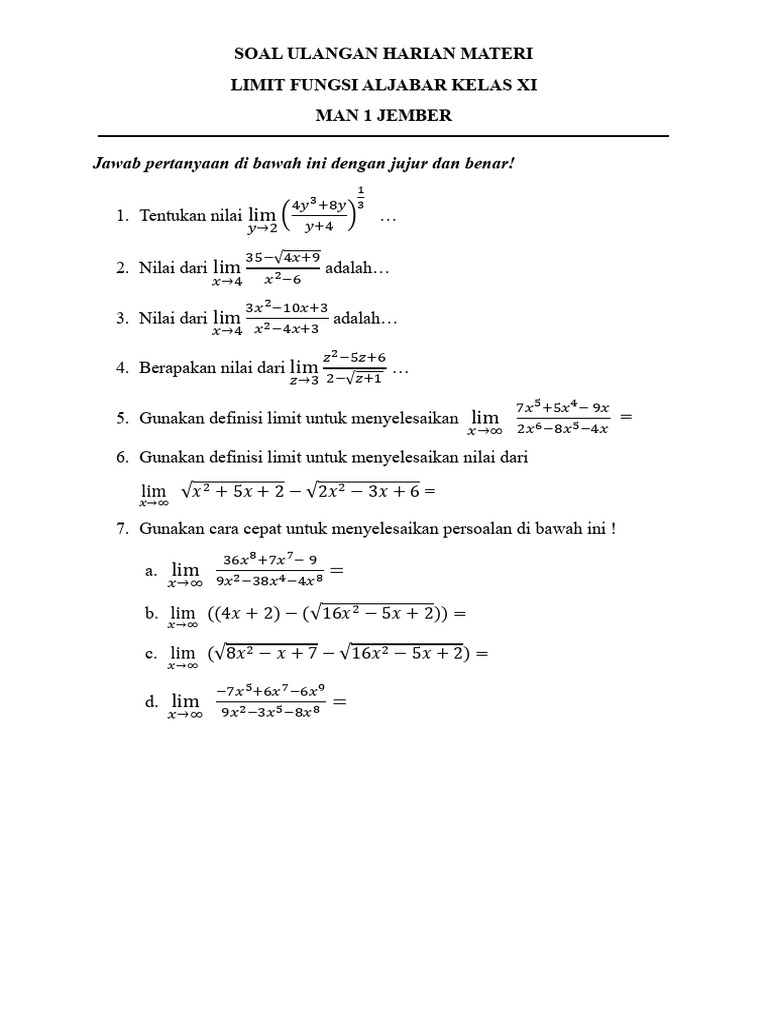 contoh soal limit fungsi kelas 11 semester 2