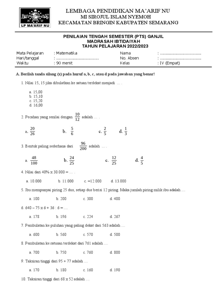Rahasia Nilai Sempurna Bocoran soal pts kelas 4 matematika semester 1juragan les Terbaru