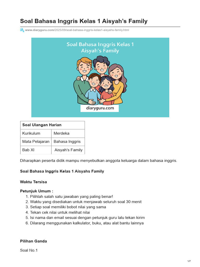 Ternyata Ini Bocoran Soal Bahasa Inggris Family Kelas 1 Agar Anak Cepat Bisa